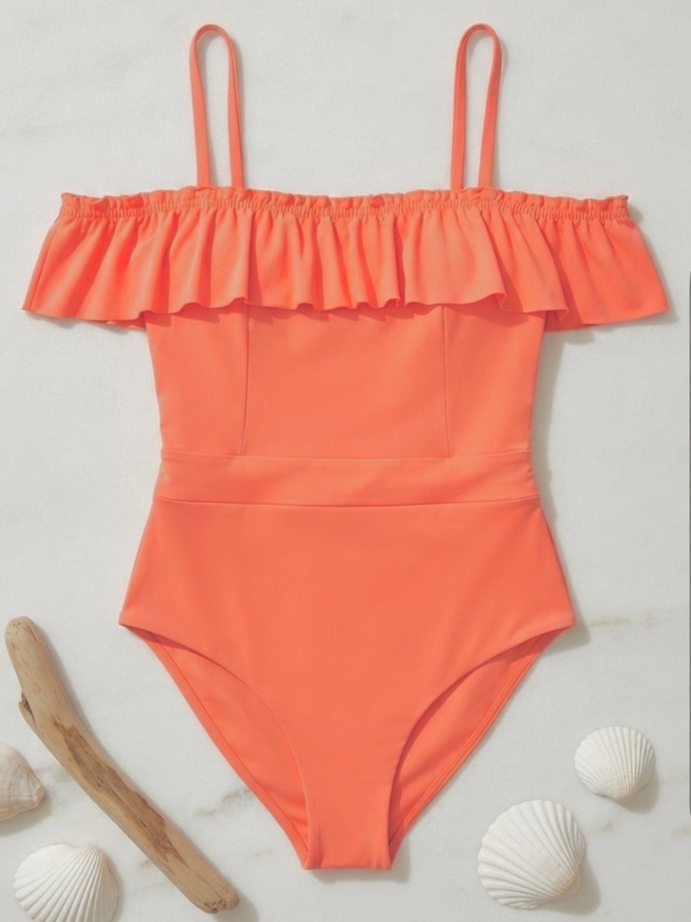 NWT BLEU ROD BEATTIE 12 BOHO RUFFLE ON-OFF SHOULDER CORAL ONE PIECE SWIMSUIT